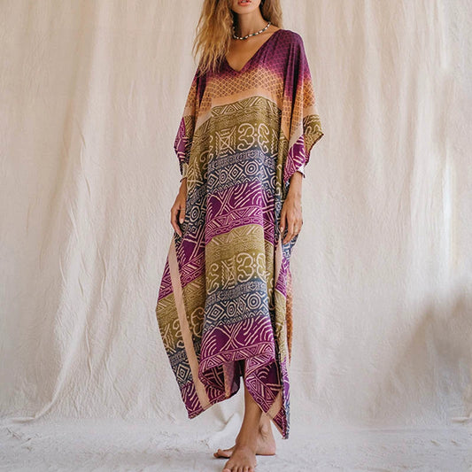 Retro Ethnic Style New Large Size Printed Dress, Seaside Vacation Beach Dress