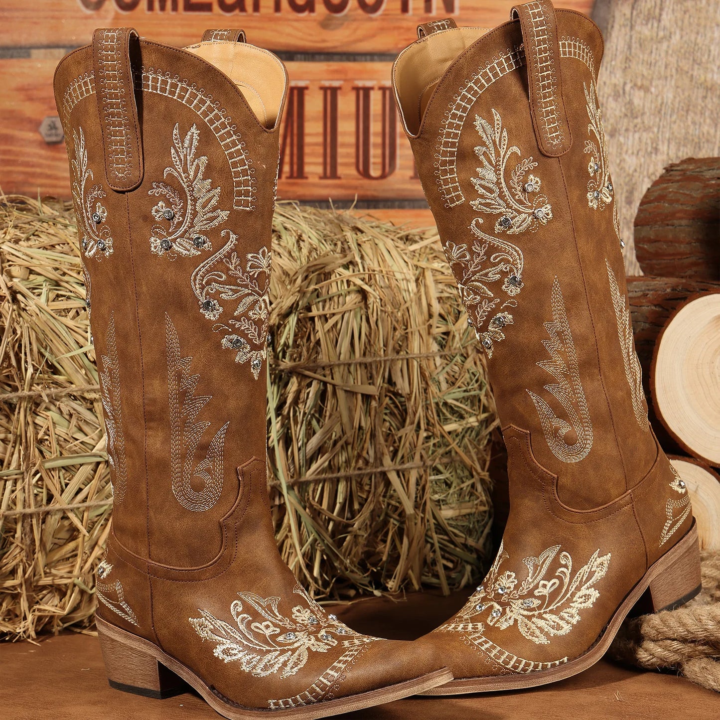 Retro Women's Western Bootsidery Boot For Shoes, Wide Calf Knee-High Boot