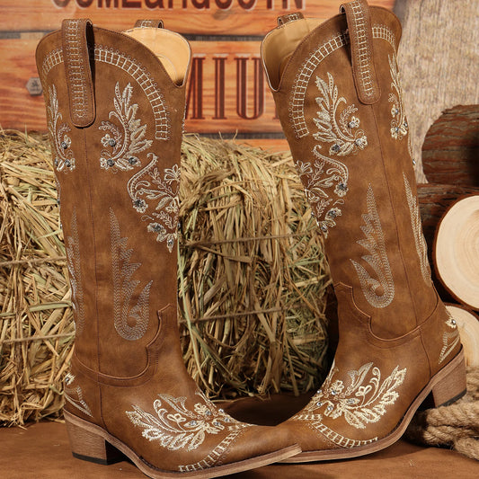 Retro Women's Western Bootsidery Boot For Shoes, Wide Calf Knee-High Boot