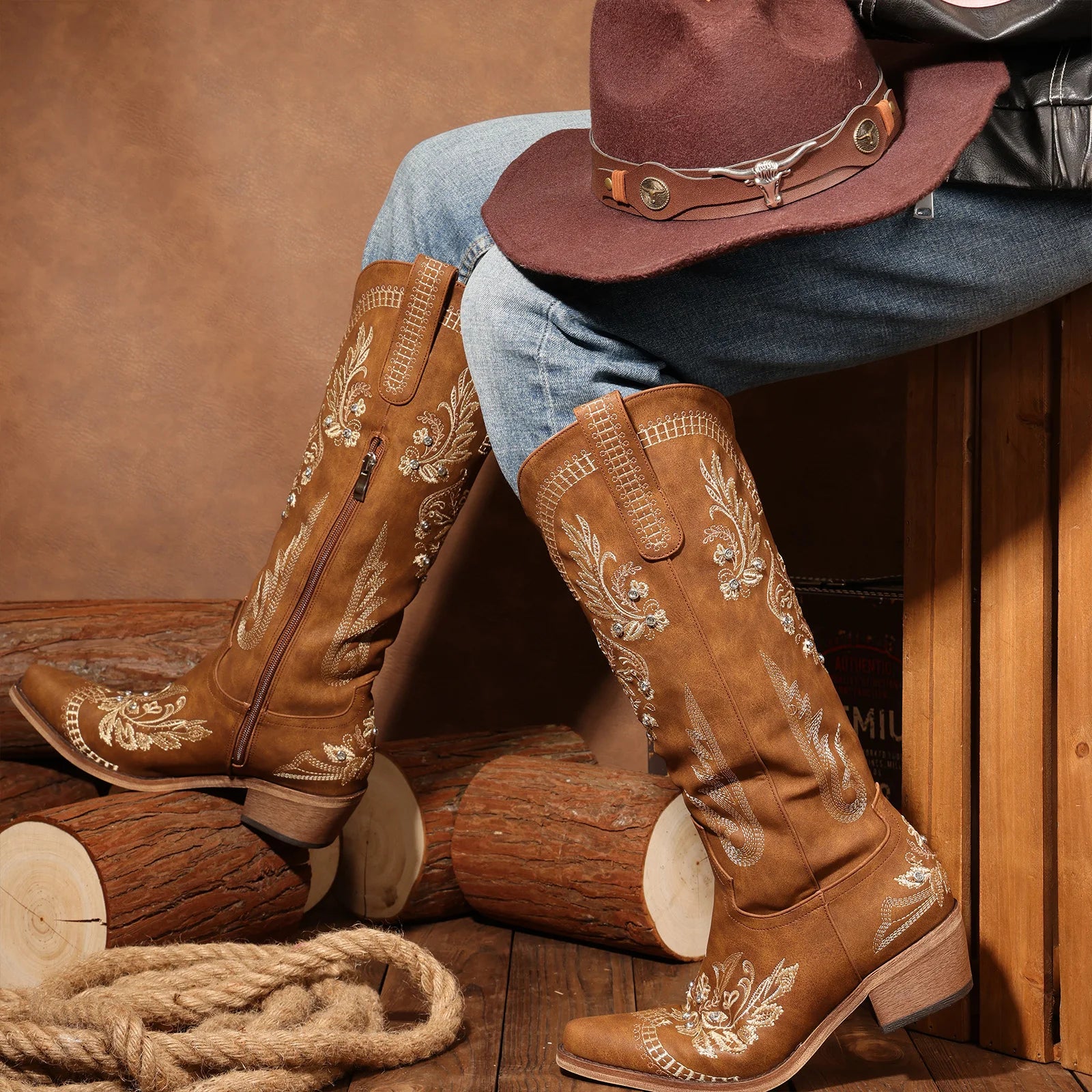 Retro Women's Western Bootsidery Boot For Shoes, Wide Calf Knee-High Boot