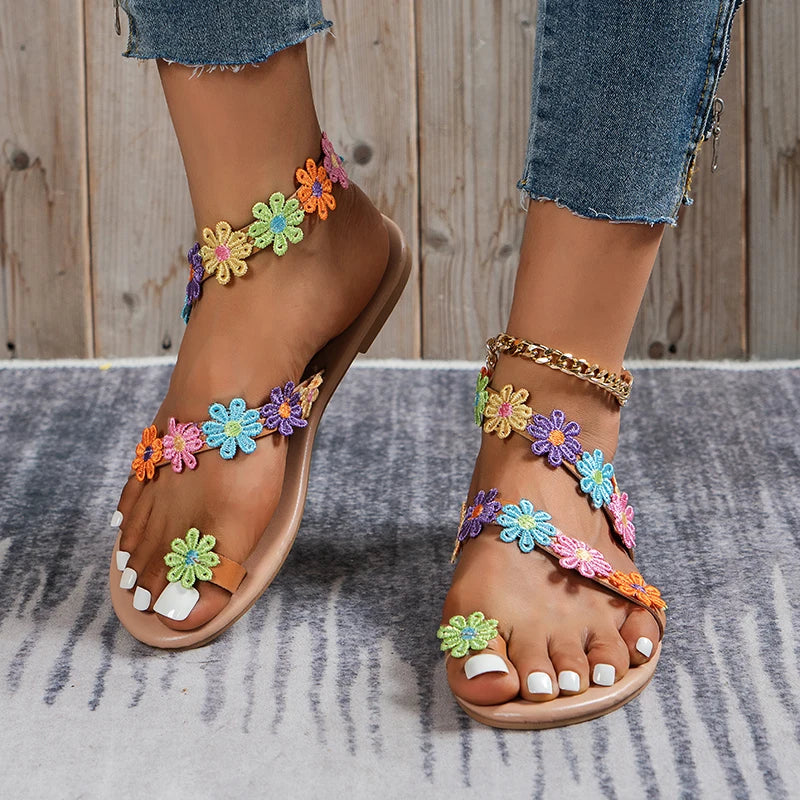 Bohemian Sandals, Ethnic Style, Flowers, Colorful Women's Sandals, Vacation Light Petal Flats, Women's Plus Size Shoes