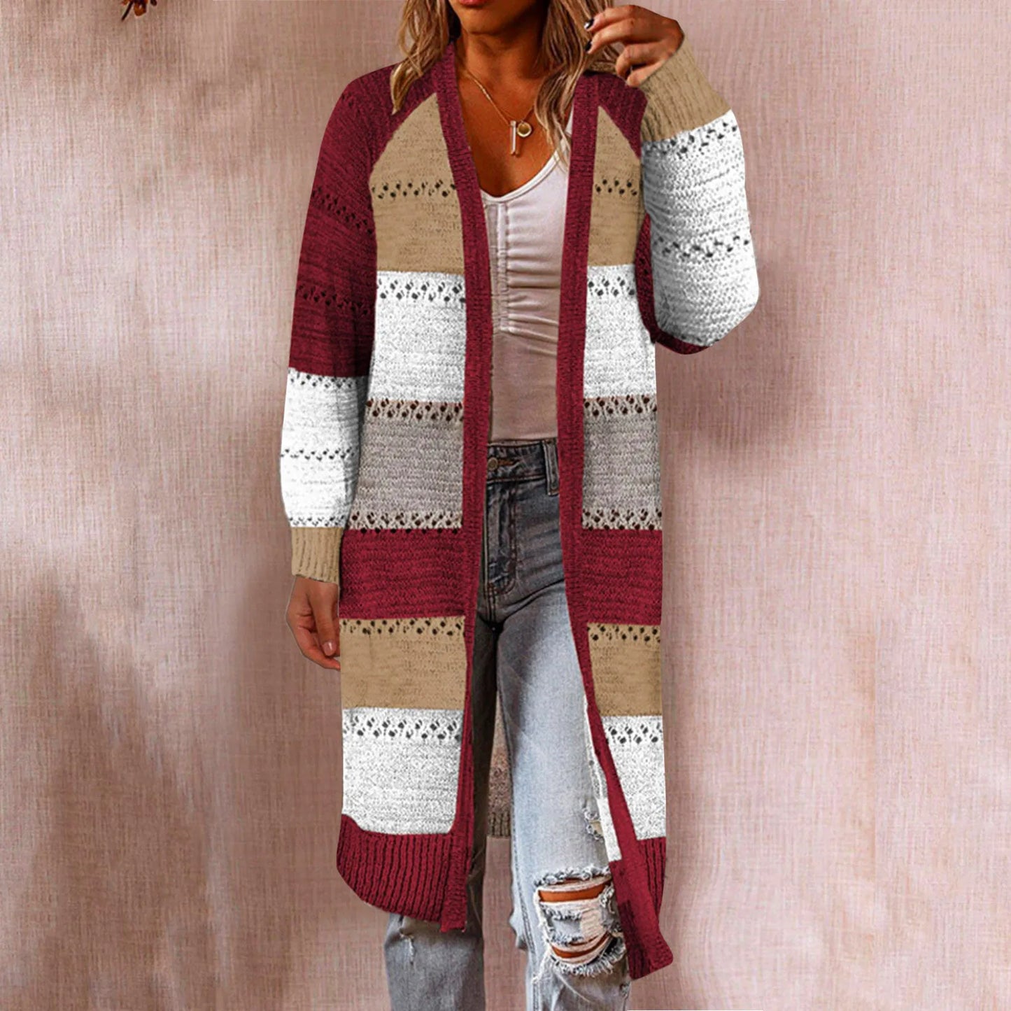 Retro Kintted Long Cardigan, Boho Cable Knit Cardigan Sweater