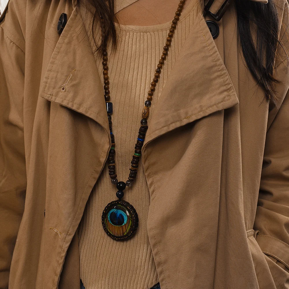 Ethnic Boho Wood Beads Necklace, Vintage Buddhist Mala Wooden Pendant