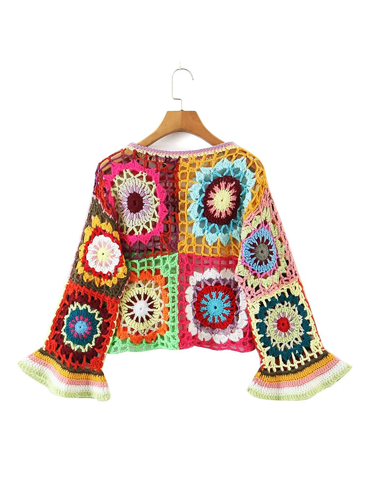 Whimsical Handmade Granny Square Boho Sweater, Flare Sleeve Mujer Pullover