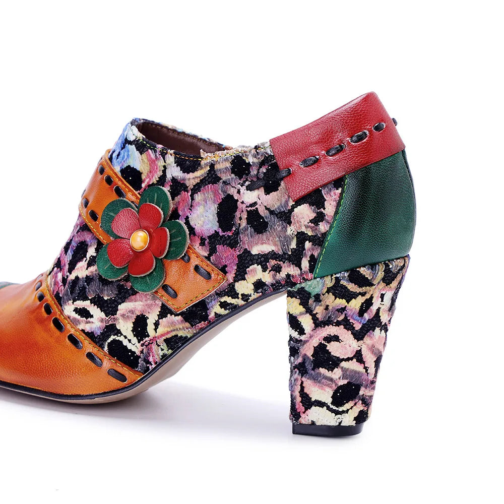 Johnature Autumn/Winter Colorful Floral Pumps, Genuine Leather