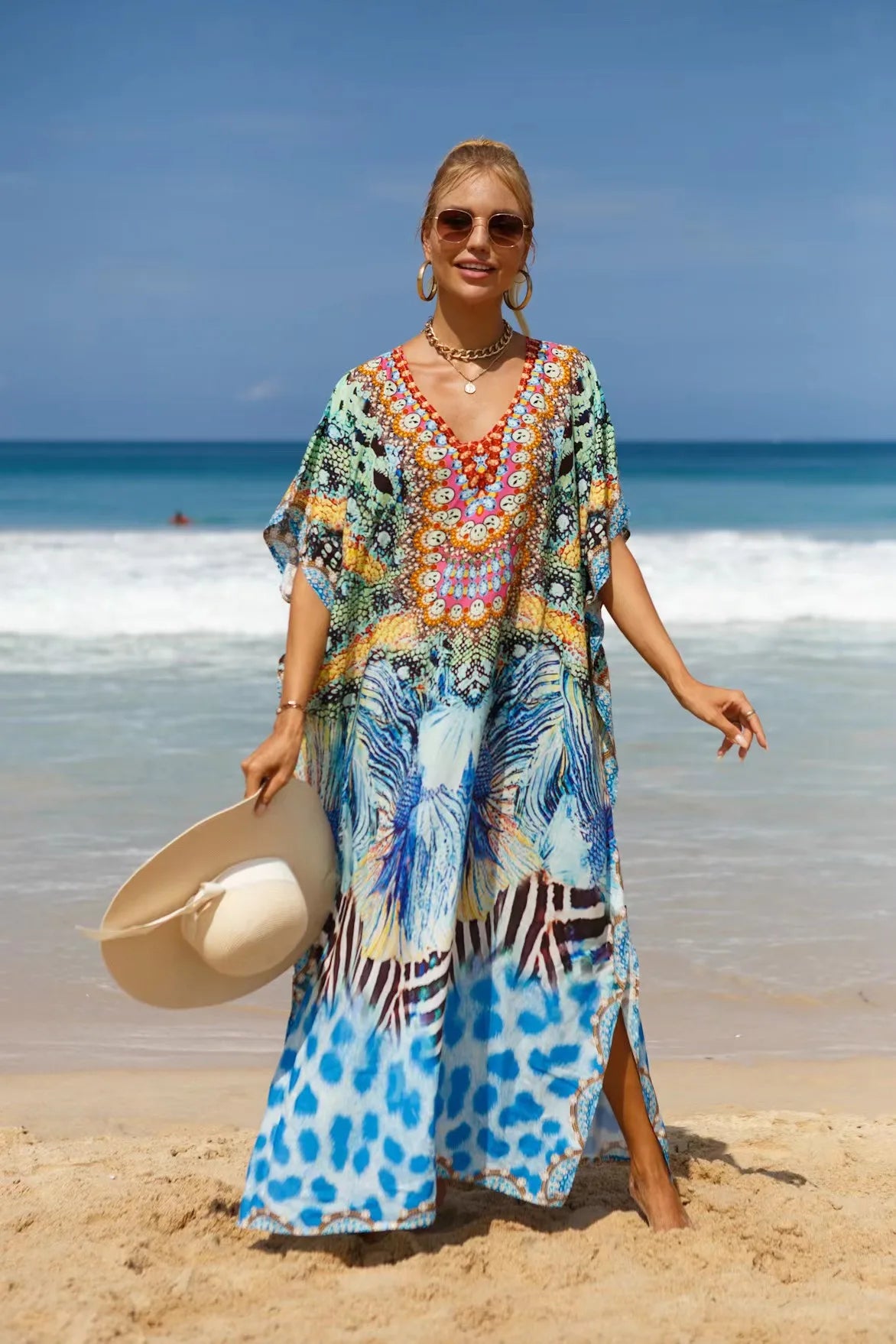 Kaftan Dresses Tropical Printed Cover Ups, Elegant Maxi Robe