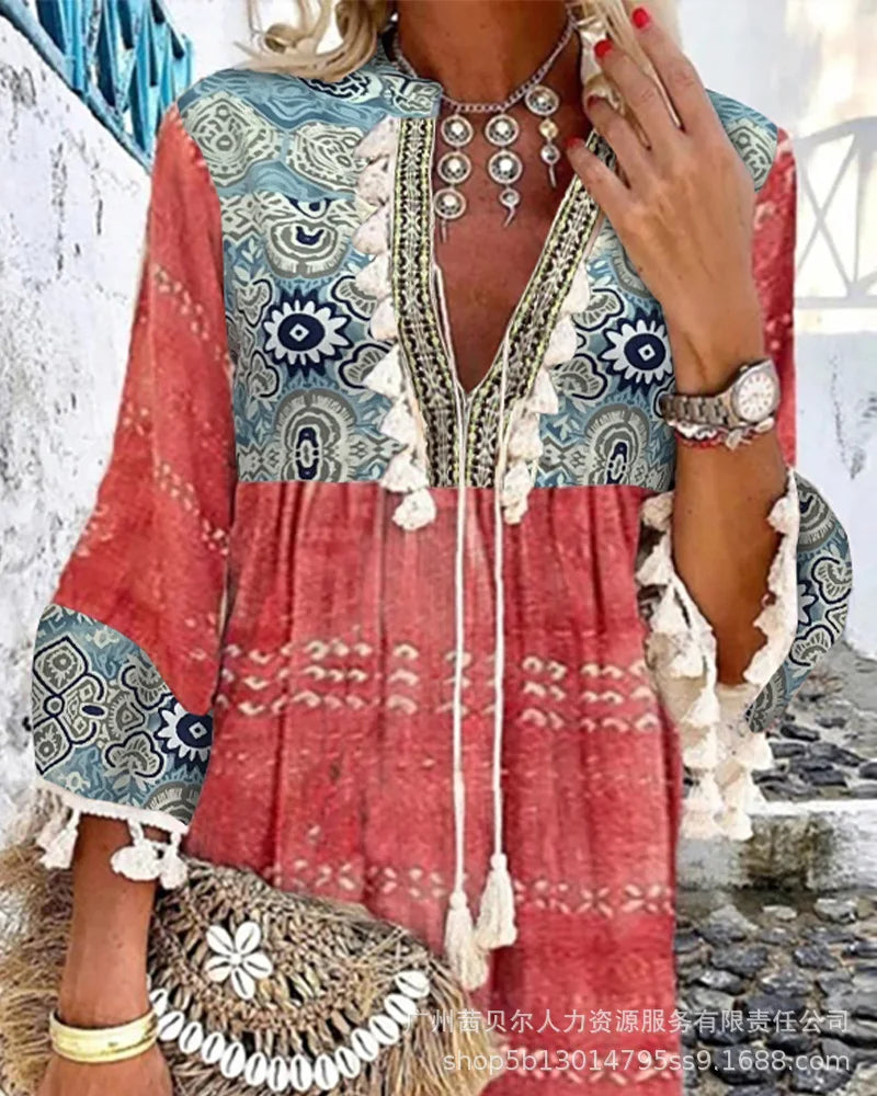 Boho Beach Dress, Allover Geometric Print Tassel Bell Sleeve Dress, Cover up - The Witchy Gypsy