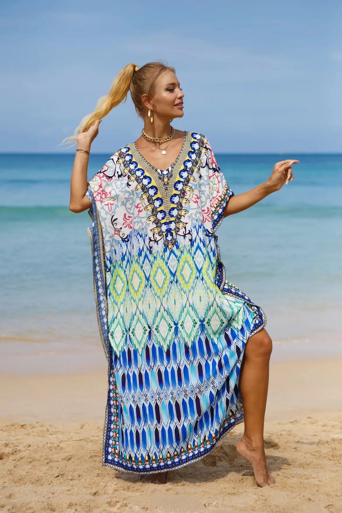 Kaftan Dresses Tropical Printed Cover Ups, Elegant Maxi Robe