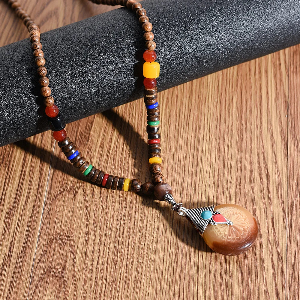 Ethnic Boho Wood Beads Necklace, Vintage Buddhist Mala Wooden Pendant