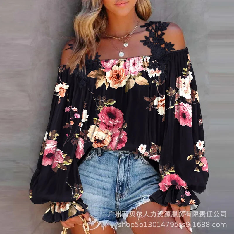 Floral Print Lace Shoulder Top, Boho Blouse, Casual Off shoulder top - The Witchy Gypsy