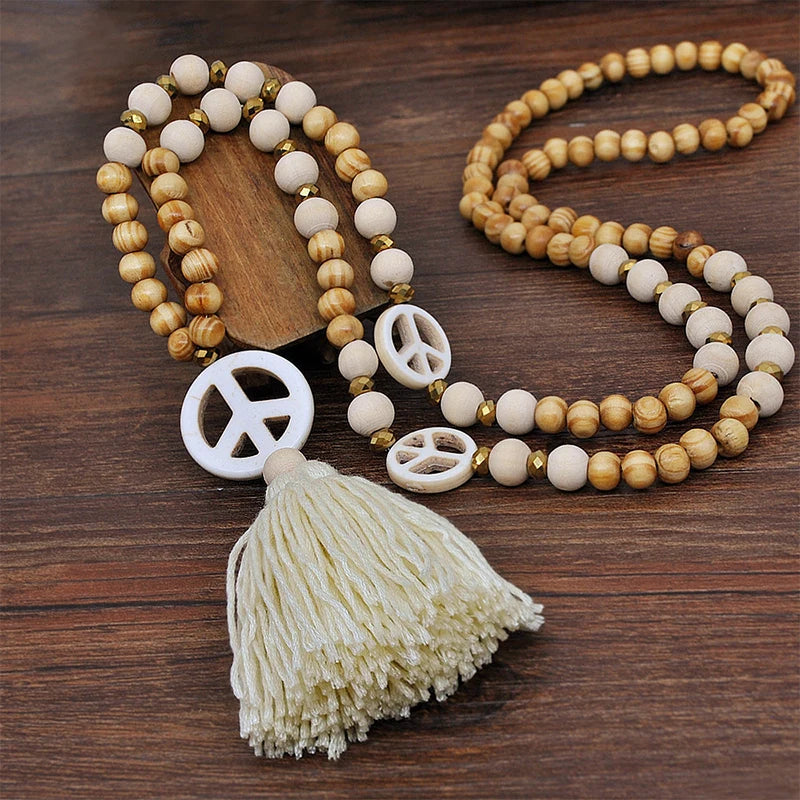 Boho Peace Pendant Necklace, Hippy Aesthetic Tassel Jewelry