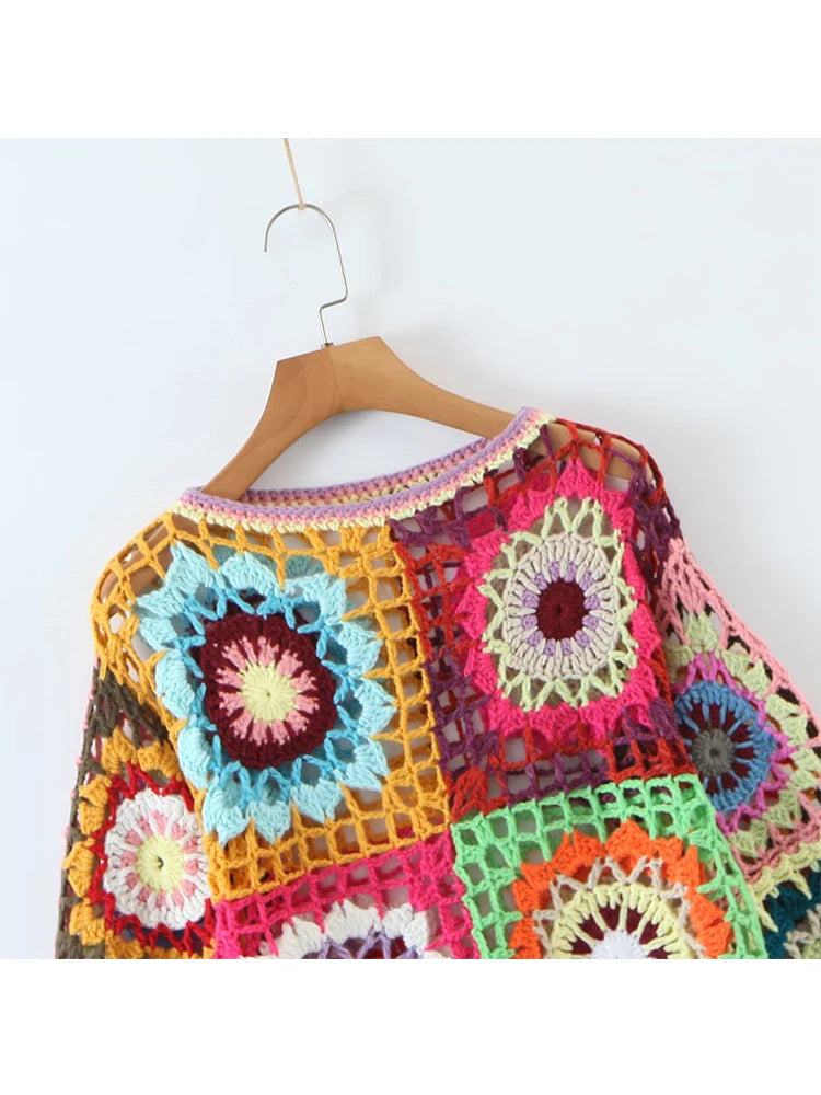 Whimsical Handmade Granny Square Boho Sweater, Flare Sleeve Mujer Pullover