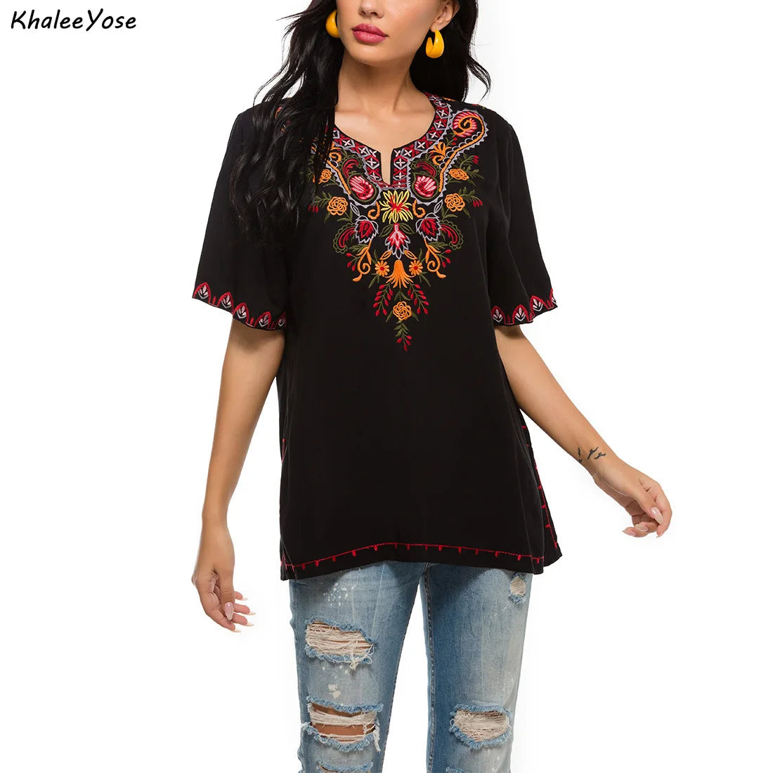 KHALEE YOSE Black Floral Embroidery Blouses Shirt Summer Boho Hippie Mexican Shirt Short Sleeve 23xl Ethnic Chic Shirt Women Top