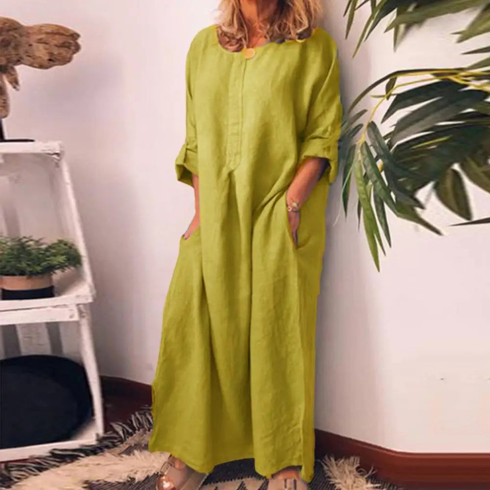 Casual Boho Oversize Maxi, Cotton Linen Long Shirt Kaftan Dress