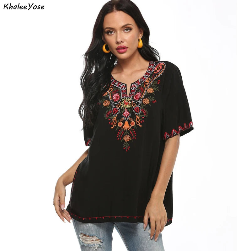 KHALEE YOSE Black Floral Embroidery Blouses Shirt Summer Boho Hippie Mexican Shirt Short Sleeve 23xl Ethnic Chic Shirt Women Top