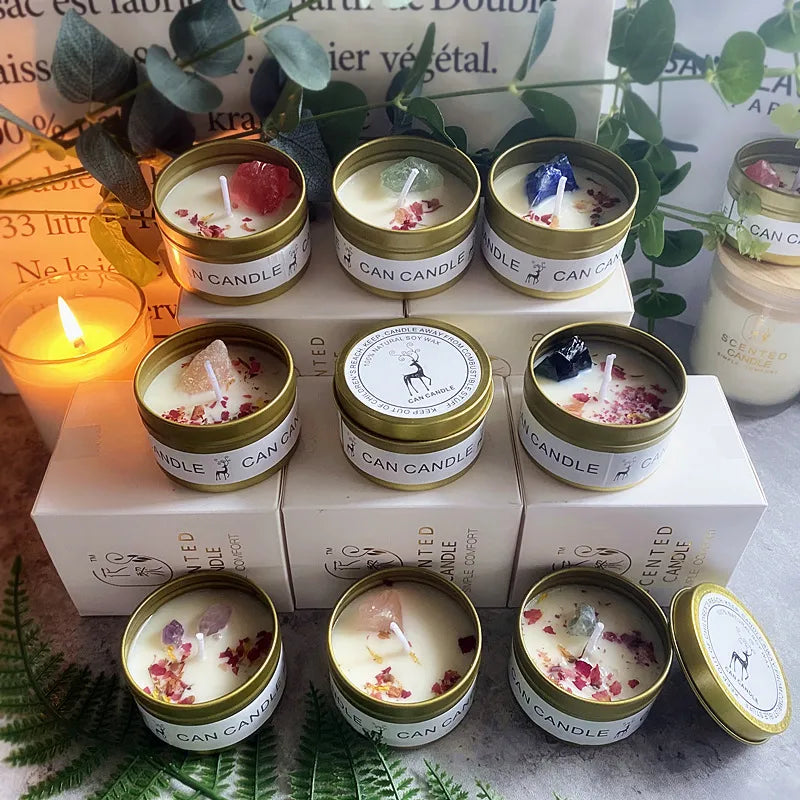 Crystal Stone Dried Flower Fragrance Tin Candle, Scented Long Lasting Soy Candles