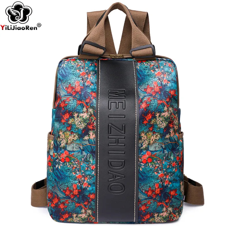 Floral Canvas Backpack, boho backpack, leather mini backpack- The Witchy Gypsy