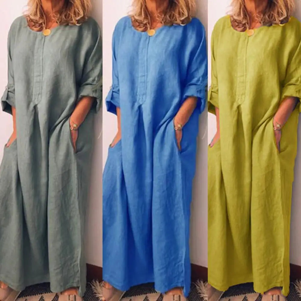 Casual Boho Oversize Maxi, Cotton Linen Long Shirt Kaftan Dress