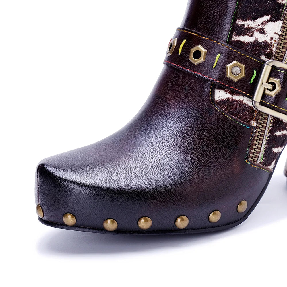 Johnature Genuine Leather Patchwork Horsehair High Heels, Belt Buckle Rivet Boots