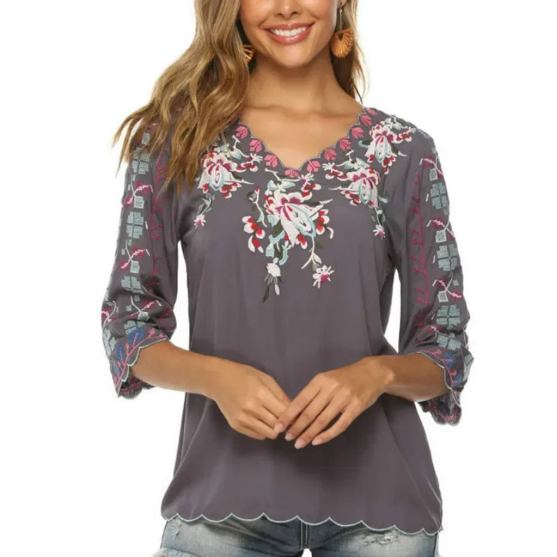 TEELYNN Boho Blouse Shirts Women V Neck Loose Casual Cotton Floral Embroidery Autumn Vintage Camisas Mujer Boho Ladies Tops