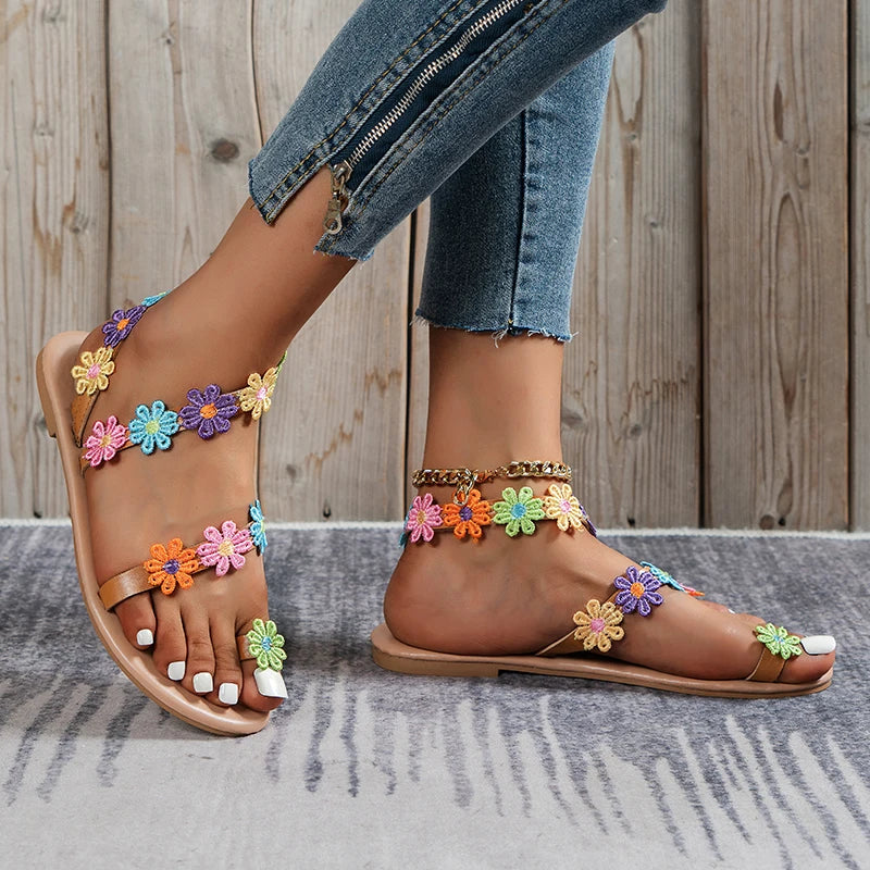 Bohemian Sandals, Ethnic Style, Flowers, Colorful Women's Sandals, Vacation Light Petal Flats, Women's Plus Size Shoes