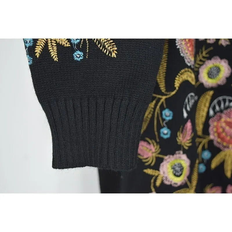 Floral Embroidered Pullover Sweater, Bohemian Long Sleeve Jumper