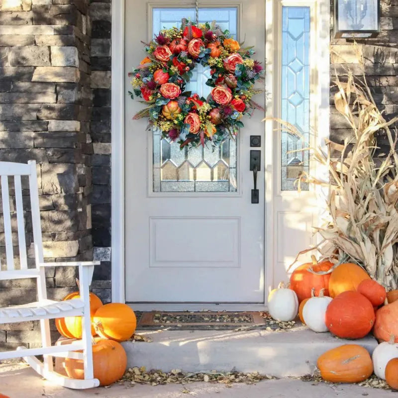 Peony Flower Fall Wreath, Front Door Wreath with Berry Pumpkin petal