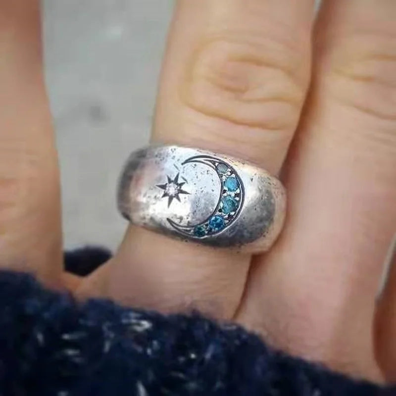 Sun Moon Ring, Vintage Silver Inlaid Aquamarine Stone Ring, Witchy Ring