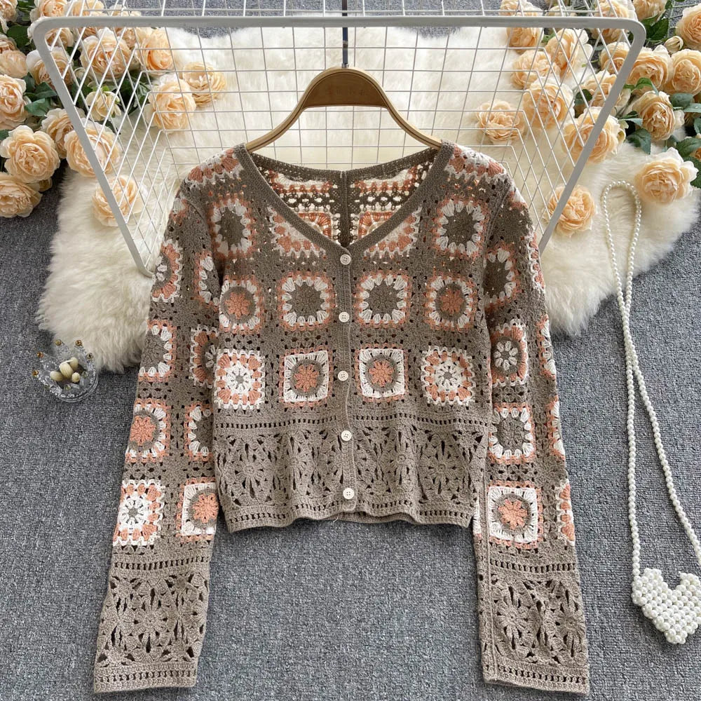 Hand Made Crochet Granny Square Top, Boho Retro Vintage Sweater