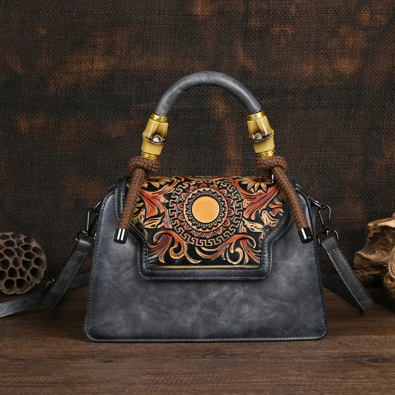 Floral Leather Handbag, Vintage leather Purse- The Witchy Gypsy