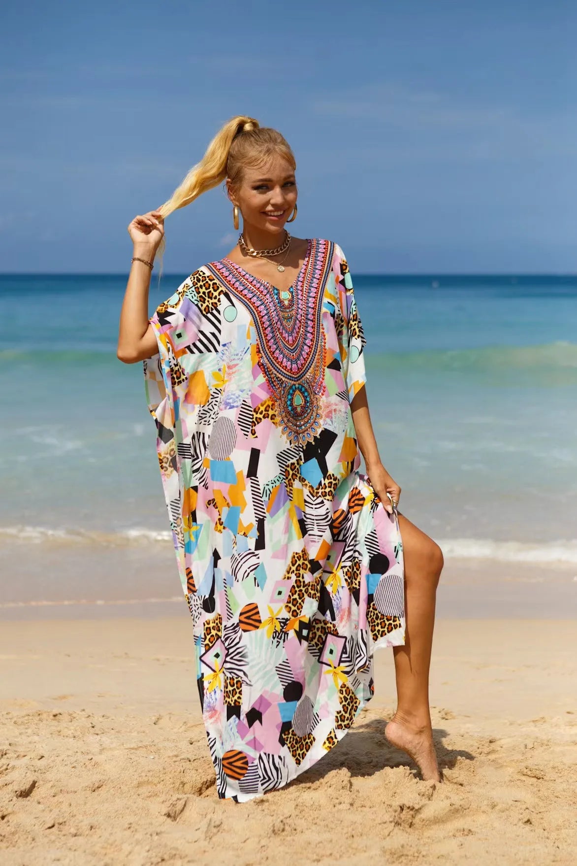 Kaftan Dresses Tropical Printed Cover Ups, Elegant Maxi Robe