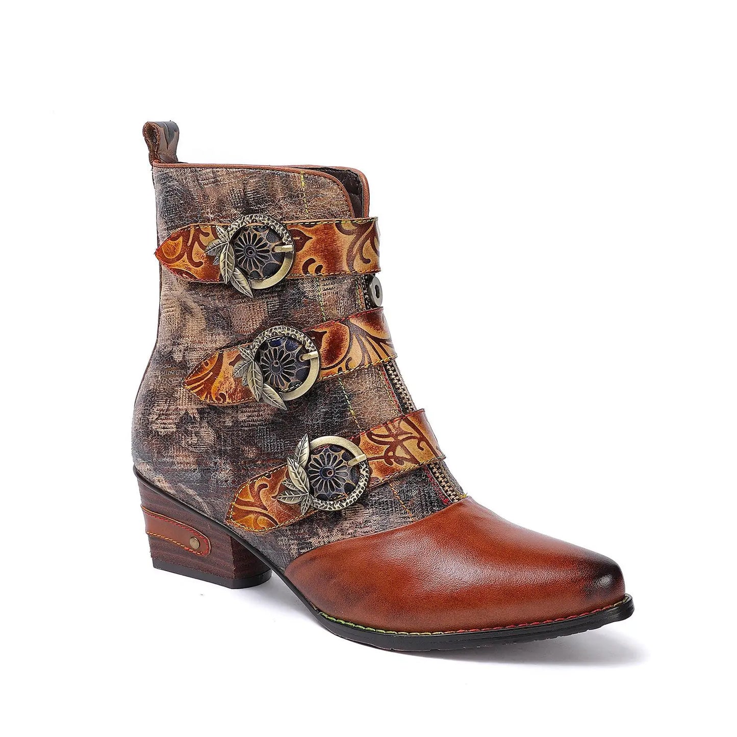 Johnature Embossed Strap Ankle Boots, Genuine Leather Patchwork Front Zip Pointed Toe