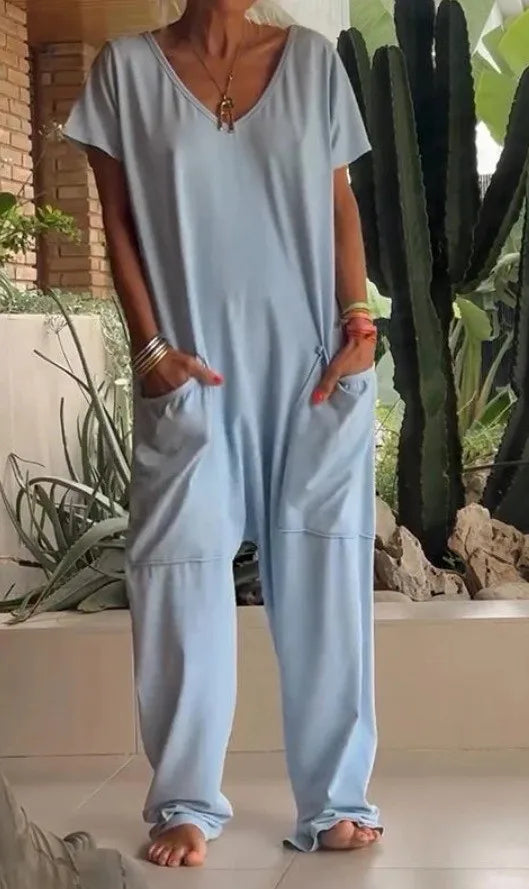 Summer Vintage Jumpsuits, Short Sleeve Loose Playsuit Overalls Romper With Pocket