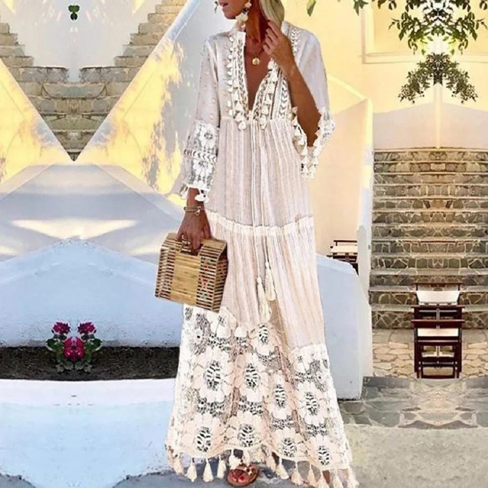 Ladies Bohemian V-Neck Tassel Dress, Boho Dress with Tassel