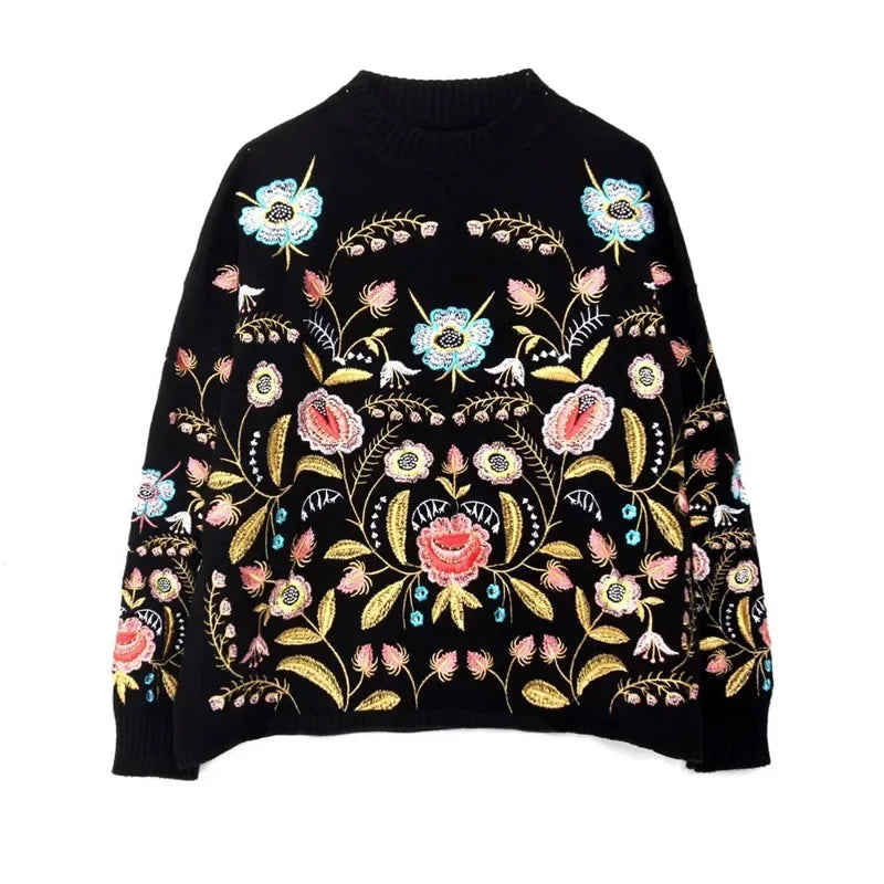 Floral Embroidered Pullover Sweater, Bohemian Long Sleeve Jumper