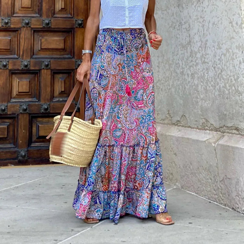 Women's Flowy Boho Skirt, Printed Ruffled Casual Skirt