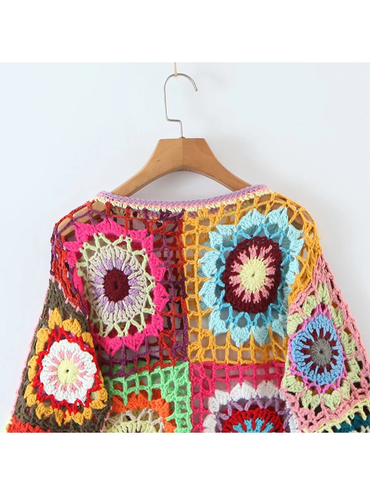 Whimsical Handmade Granny Square Boho Sweater, Flare Sleeve Mujer Pullover