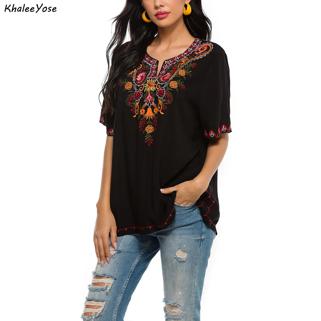 KHALEE YOSE Black Floral Embroidery Blouses Shirt Summer Boho Hippie Mexican Shirt Short Sleeve 23xl Ethnic Chic Shirt Women Top