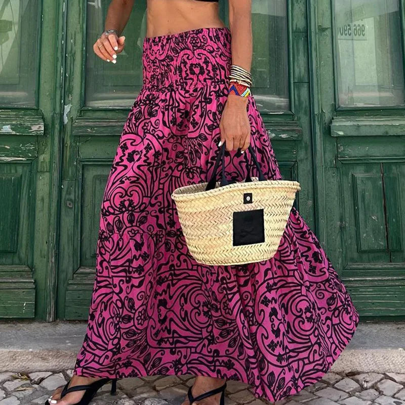 Women's Flowy Boho Skirt, Printed Ruffled Casual Skirt