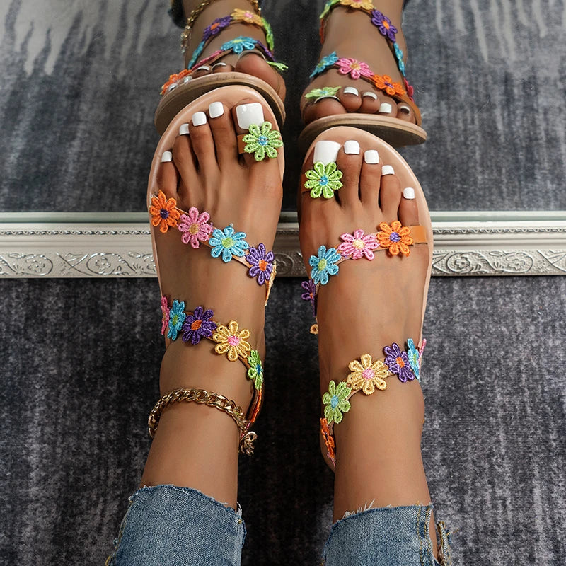 Bohemian Sandals, Ethnic Style, Flowers, Colorful Women's Sandals, Vacation Light Petal Flats, Women's Plus Size Shoes