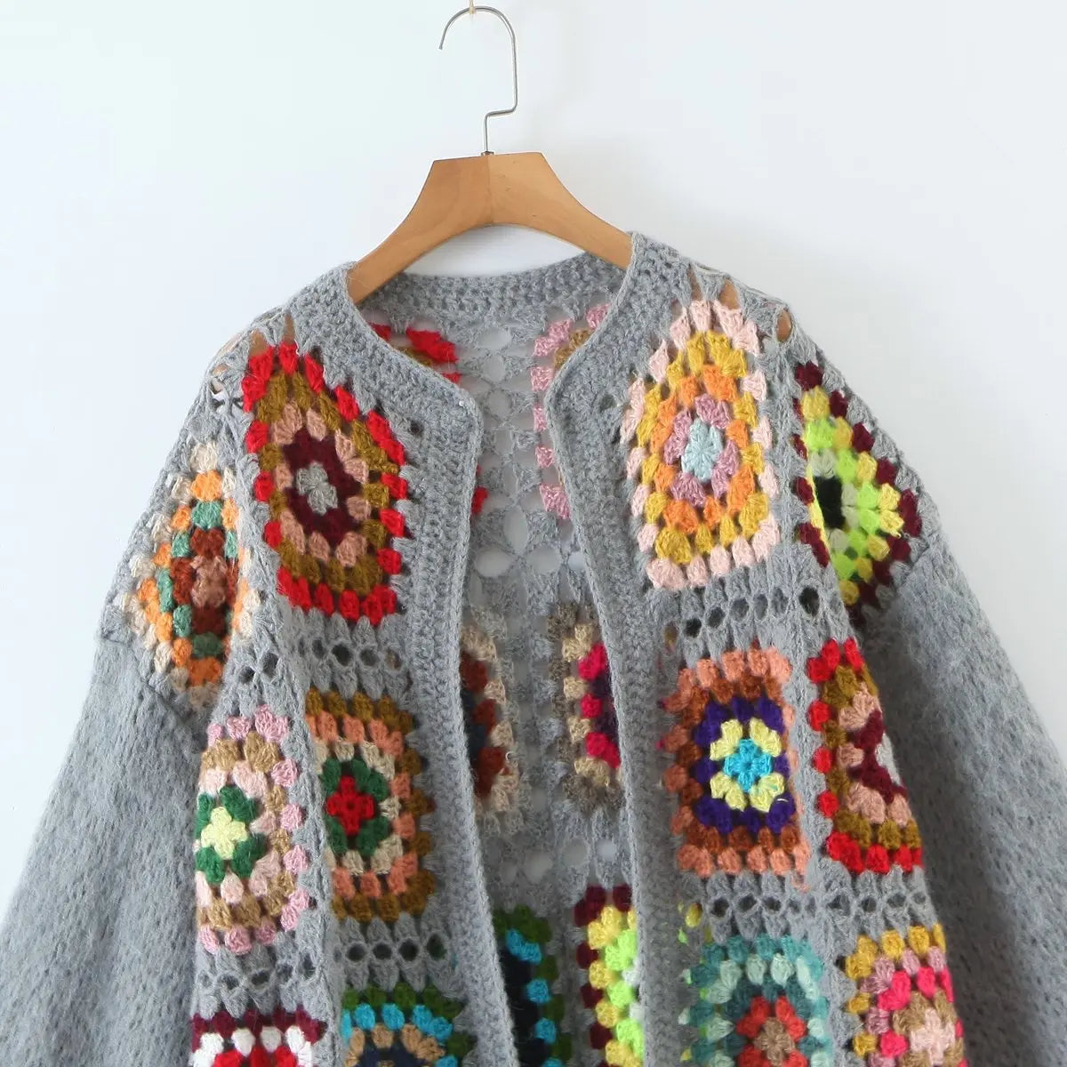 Cozy Granny Square Winter Cardigan, Boho Long Sleeve Autumn Jumper