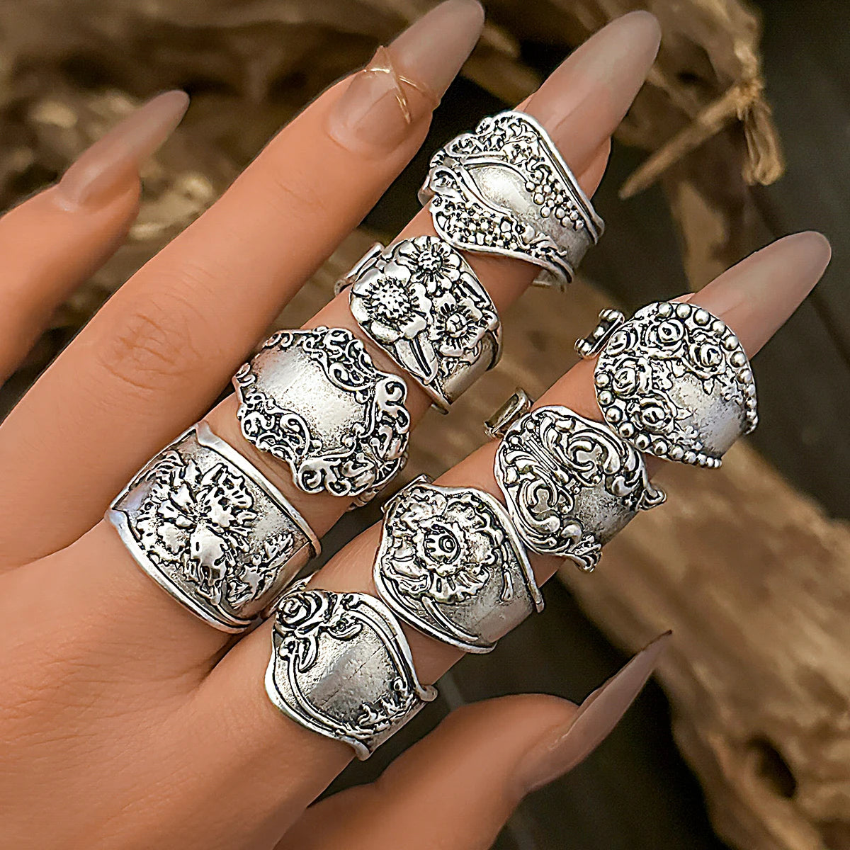 8Pcs Vintage Silver Cutlery Stem Rings, Boho Embossed Flower Silver Rings - The Witchy Gypsy