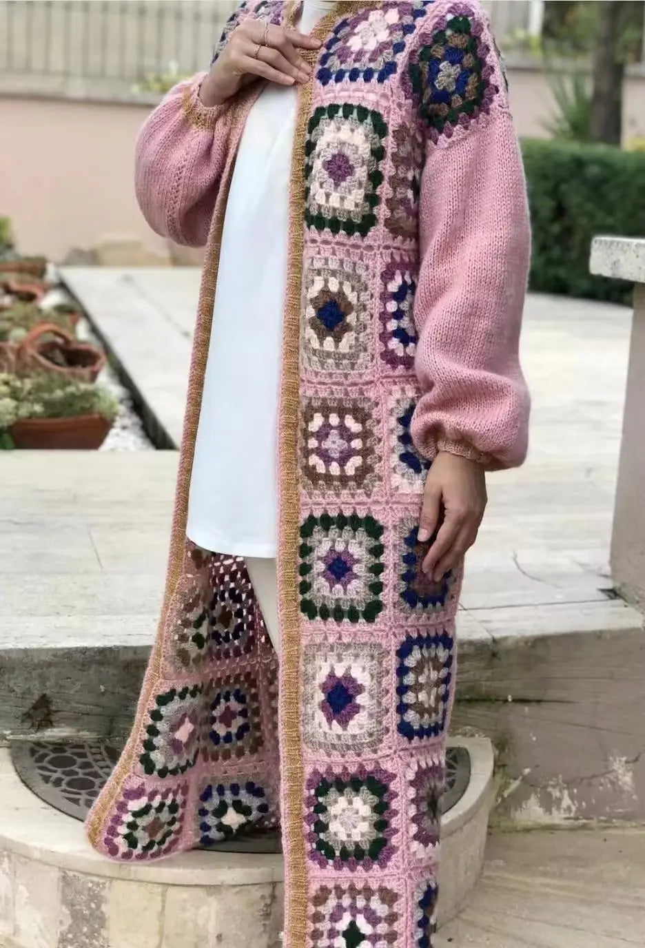 Cozy Granny Square Winter Cardigan, Boho Long Sleeve Autumn Jumper