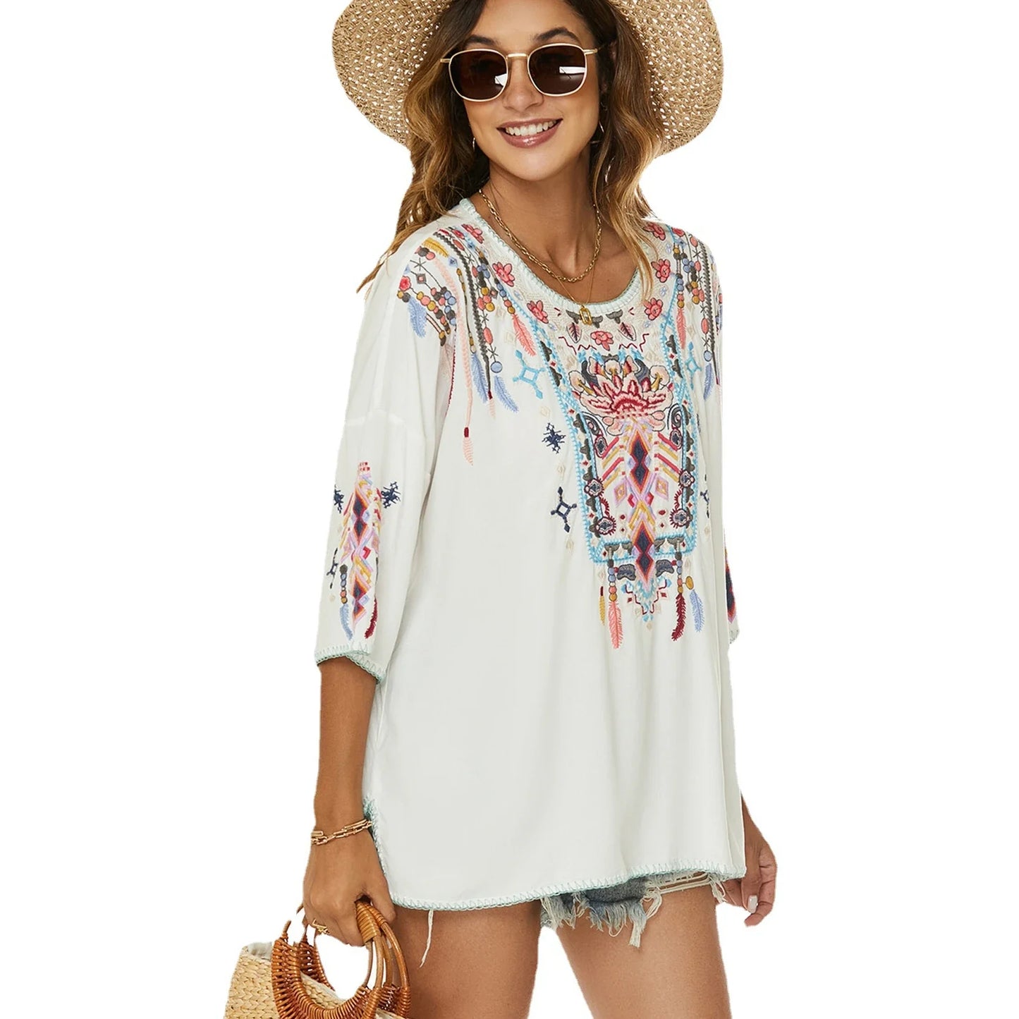 TEELYNN Boho Vintage White Ethnic Floral Embroidery Blouses Shirts Women Tops Casual V Neck Loose Blouse Summer Beach Blusas