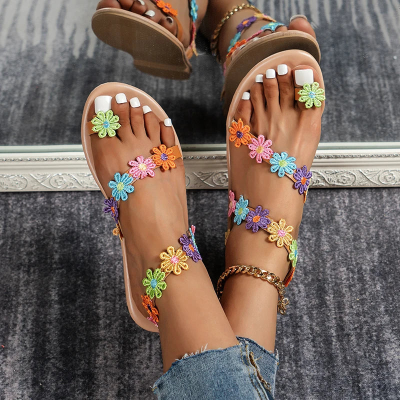 Bohemian Sandals, Ethnic Style, Flowers, Colorful Women's Sandals, Vacation Light Petal Flats, Women's Plus Size Shoes