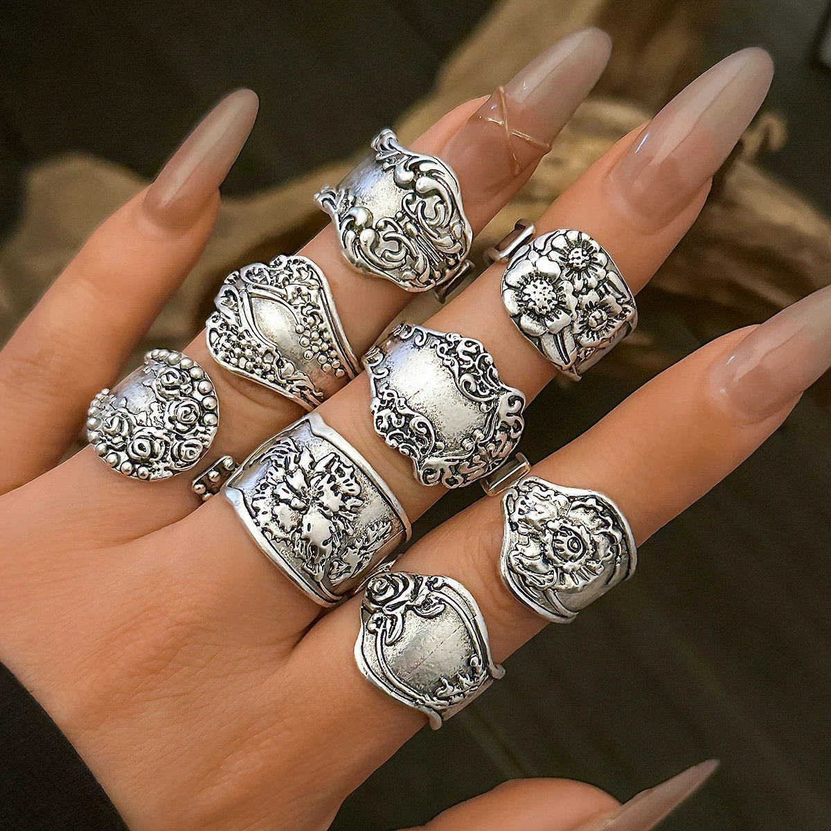 8Pcs Vintage Silver Cutlery Stem Rings, Boho Embossed Flower Silver Rings - The Witchy Gypsy