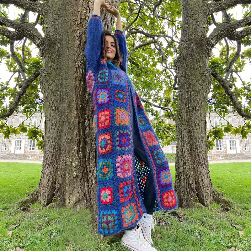 Cozy Granny Square Winter Cardigan, Boho Long Sleeve Autumn Jumper