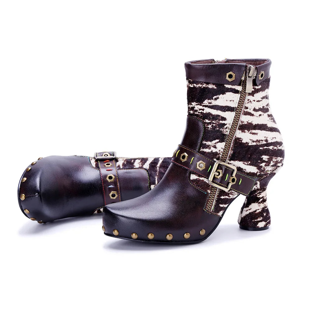 Johnature Genuine Leather Patchwork Horsehair High Heels, Belt Buckle Rivet Boots