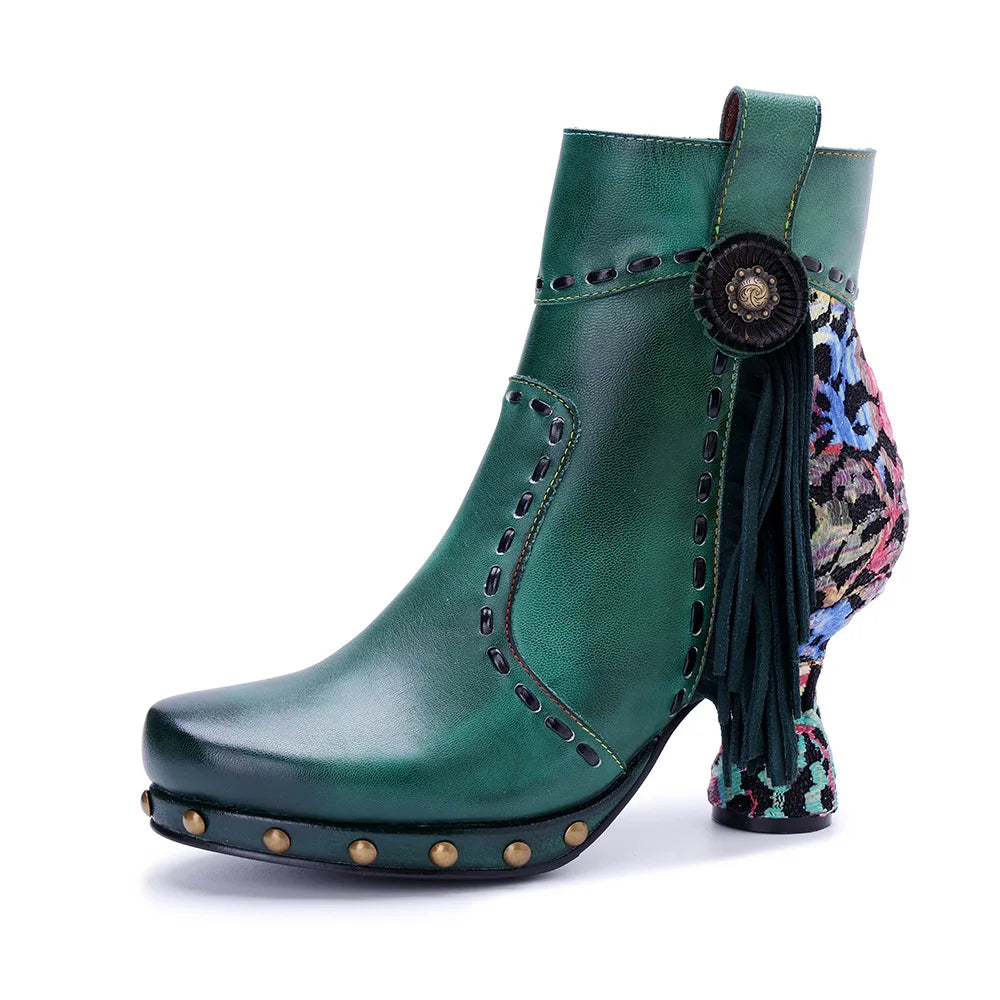 Johnature Handmade Genuine Green Leather Patchwork Printed Women's Boots