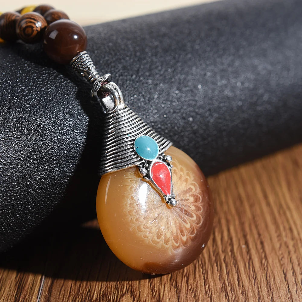 Ethnic Boho Wood Beads Necklace, Vintage Buddhist Mala Wooden Pendant